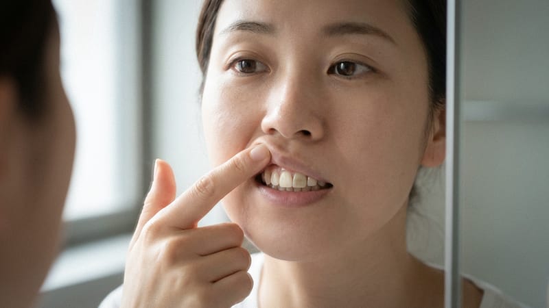거울을 보며 살짝 착색된 라미네이트 치아를 살펴보고 있는 2030 여성 환자