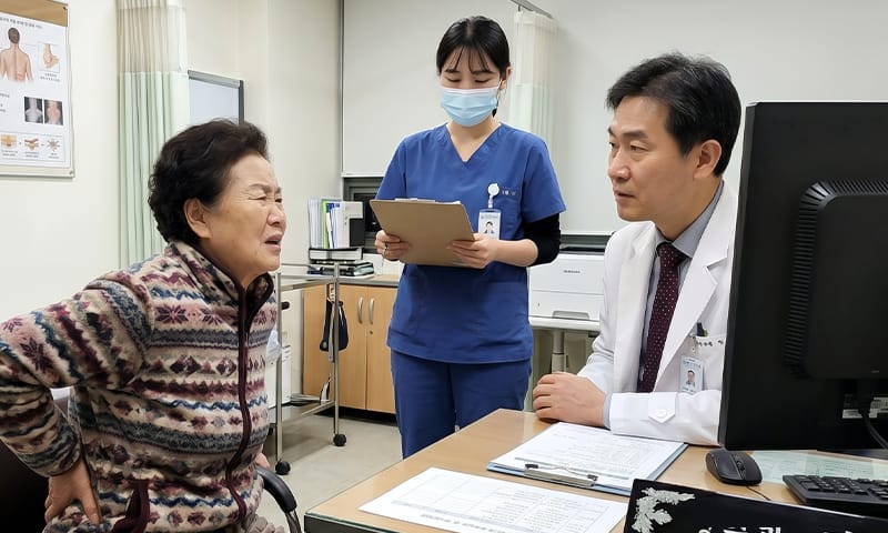 병원 진료실에서 의료진에게 불편함을 호소하고 있는 허리통증 환자