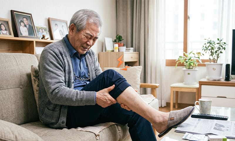 한쪽 다리가 저려 잡고 있는 고령 환자