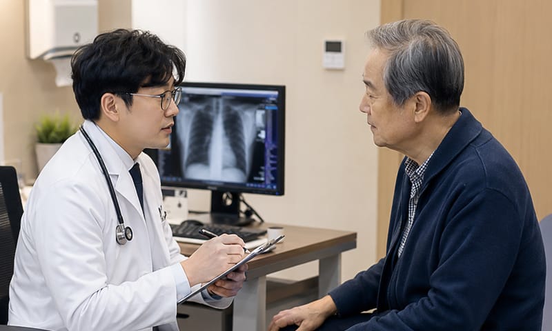 진료실에서 환자와 상담하며 상태를 상세히 체크하고 있는 의료진