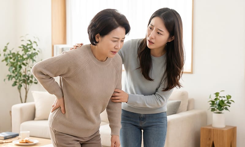 An elderly female patient with a bent back in pain, supported by a young guardian with a worried expression