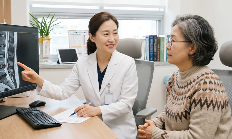 Medical staff explaining spine MRI test results to a patient