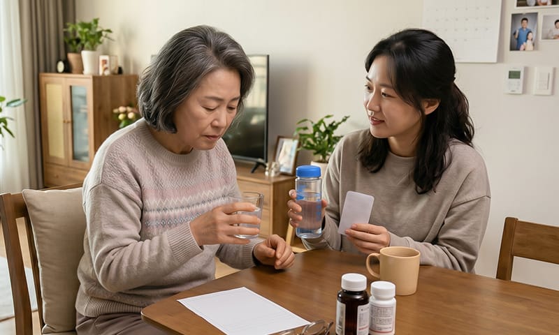 An elderly patient taking medication next to a young guardian