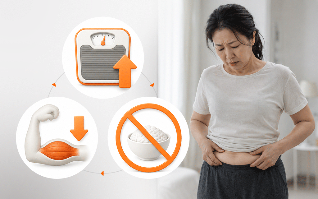갱년기에 무작정 굶는 다이어트로 생기는 악순환을 나타낸 인포그래픽