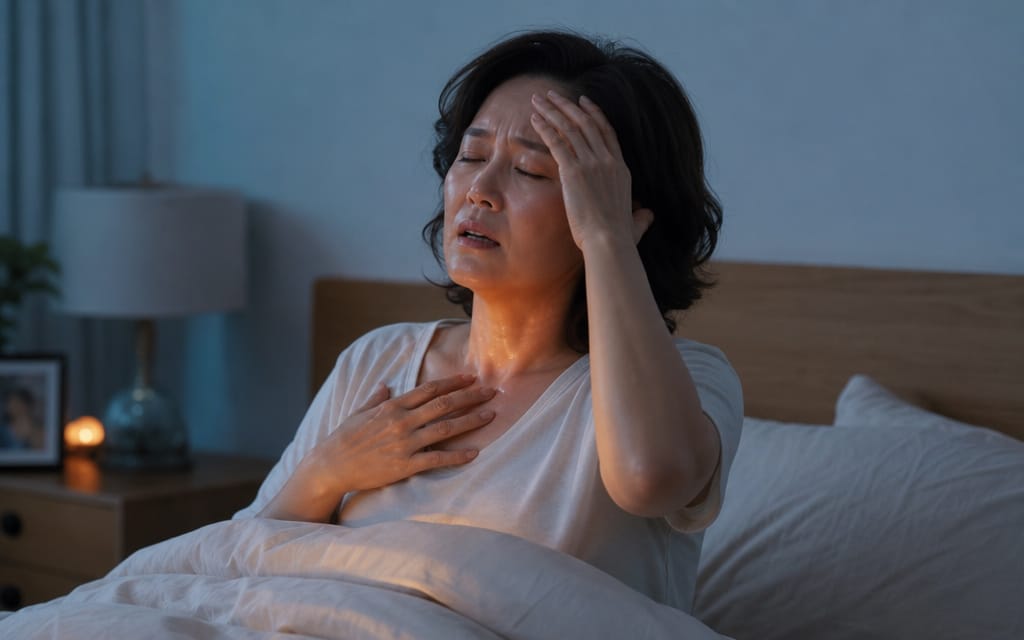 땀을 흘리며 잠에서 깬 갱년기 중년 여성