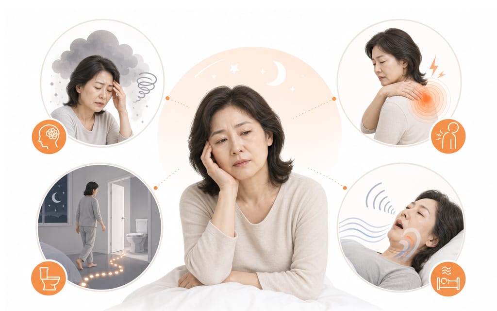 갱년기 열감의 동반 요인(우울, 신체통증, 야간뇨, 코골이)을 나타낸 인포그래픽