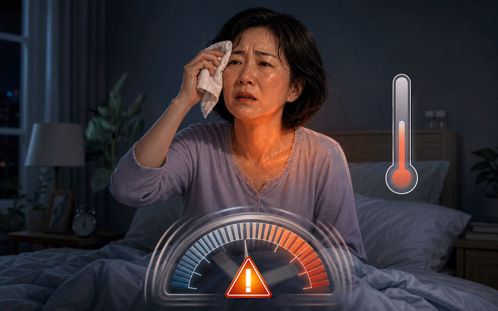 An image of a menopausal woman waking up at night due to body temperature regulation issues