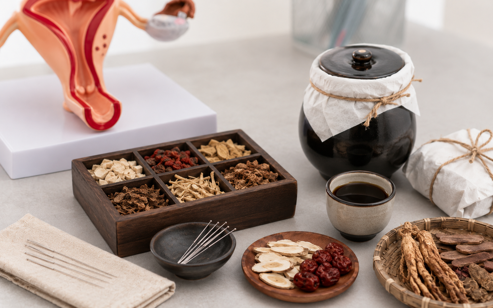 An image showing acupuncture and herbal medicine as traditional Korean treatments for menopause