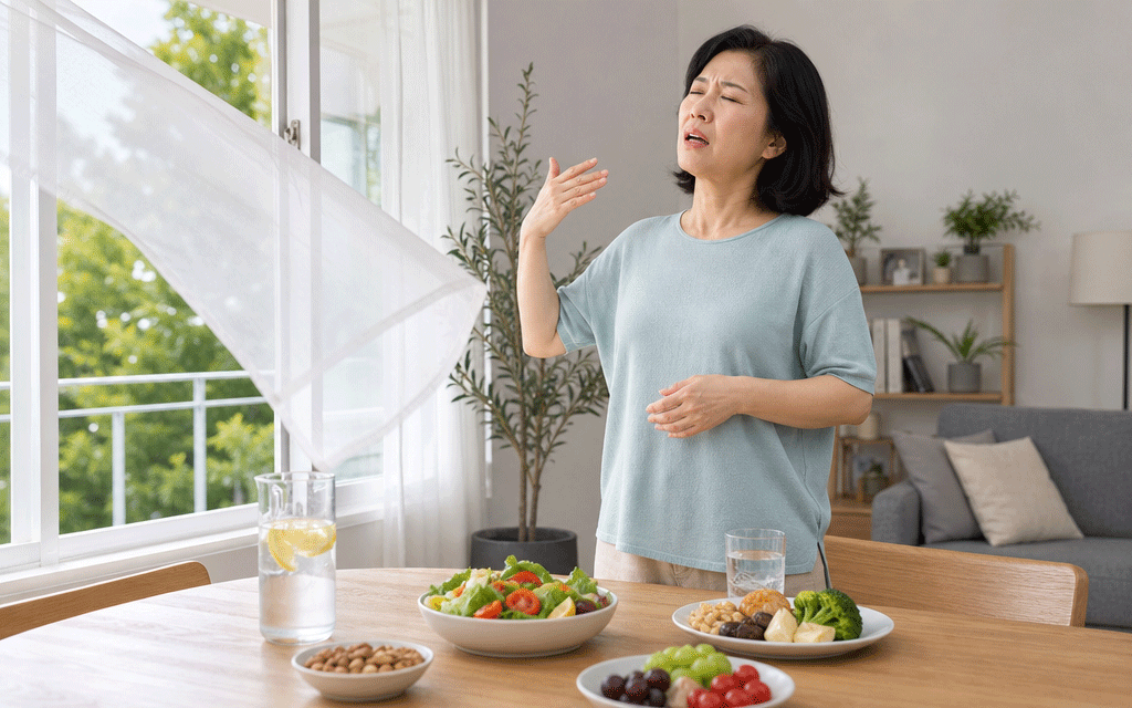 A middle-aged woman opening a window and feeling hot while standing by a dining table