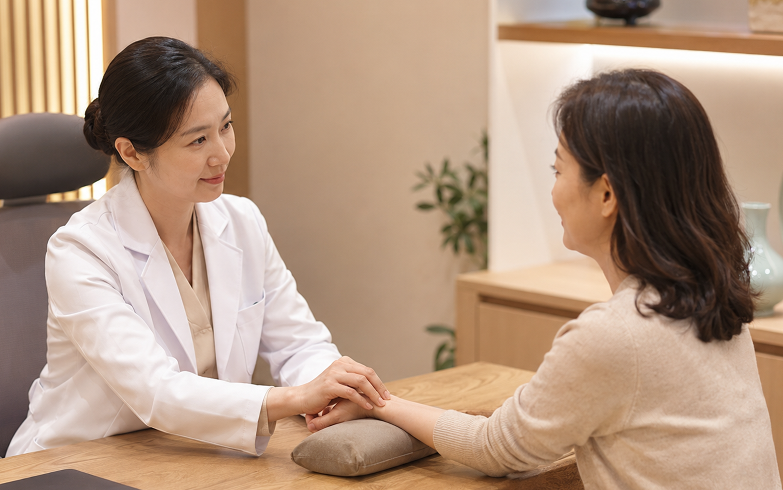 A practitioner taking the pulse of a menopausal woman at a traditional Korean medicine clinic