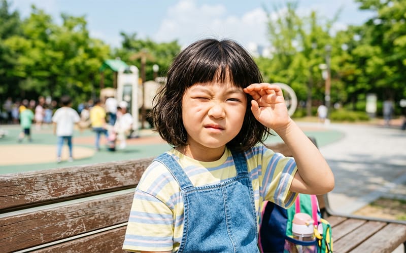 햇빛이 강한 야외에서 한쪽 눈을 찡그리고 있는 아이의 모습