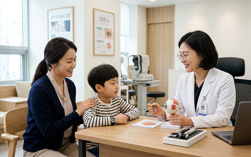 안과에서 의료진에게 상담을 받고 있는 어린이와 보호자