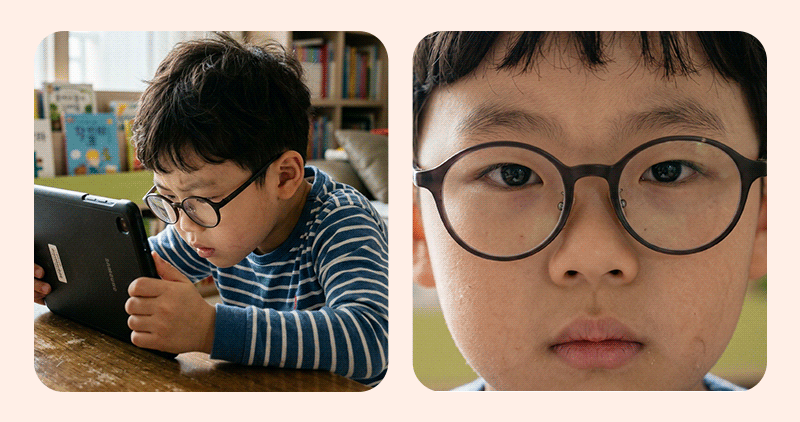 VDT 관련 증상의 원인 2가지 (화면과 지나치게 가까운 거리와 눈 깜박임)을 나타내는 이미지
