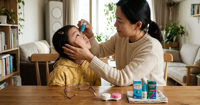 보호자가 아이의 눈에 안약을 넣어주고 있는 모습