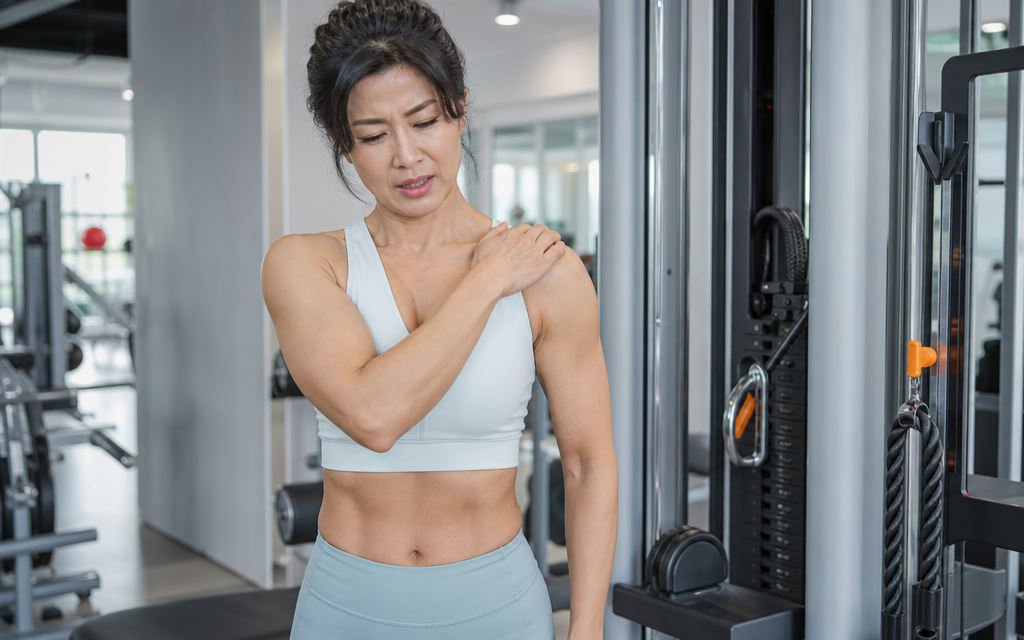 A woman in her 40s holding the top of her shoulder (the clavicle tip) in pain at a gym