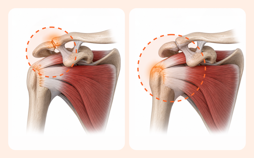 A medical illustration comparing the anatomical locations of the rotator cuff and the AC (acromioclavicular) joint