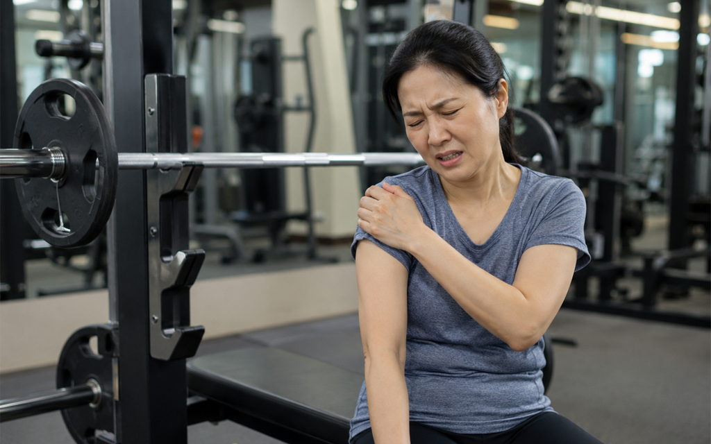 A patient in their 40s experiencing shoulder pain next to a bench press machine