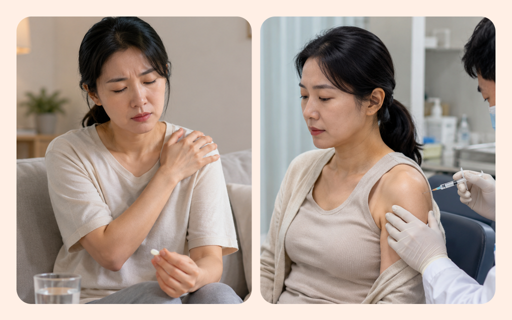 A split-screen image comparing conservative therapy and injection therapy for shoulder pain