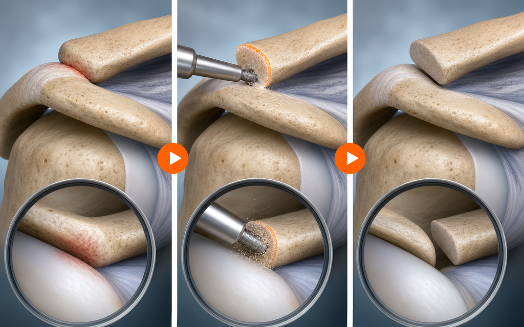 An illustration visualizing arthroscopic distal clavicle resection (mummification procedure)