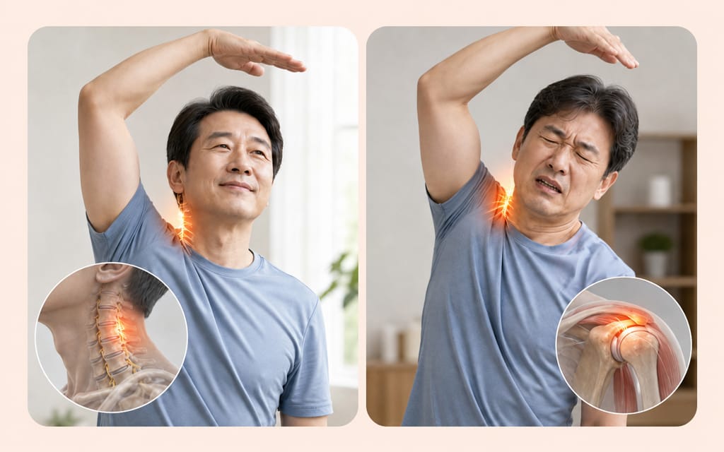 목디스크와 어깨질환을 구분하는 방법을 비교하는 이미지