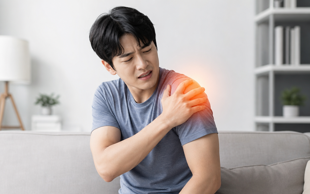 A young man in his 20s or 30s clutching his painful shoulder