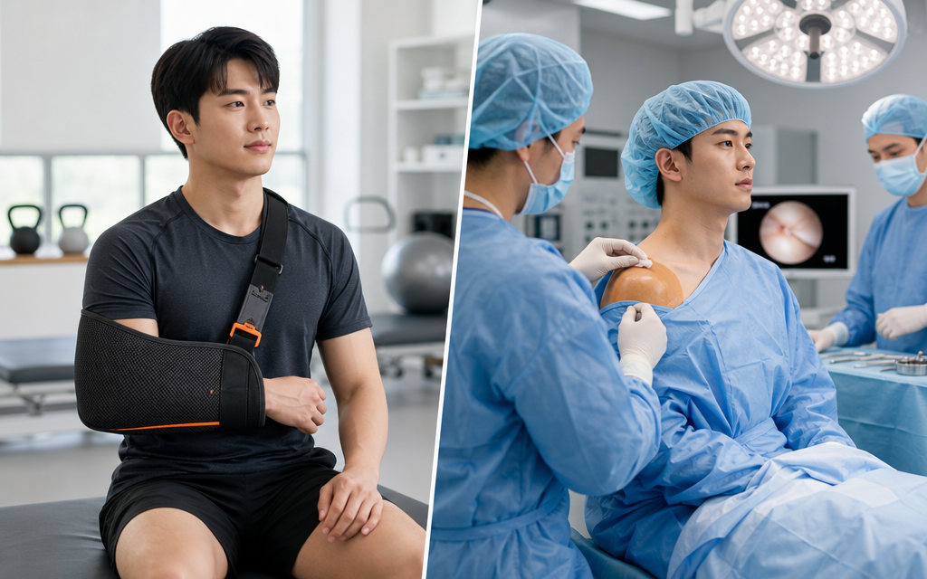 An illustration comparing surgical and non-surgical treatments for shoulder dislocation