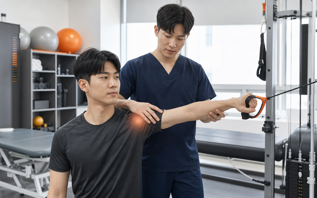 A physical therapist and a young man performing rehabilitation exercises for shoulder function recovery