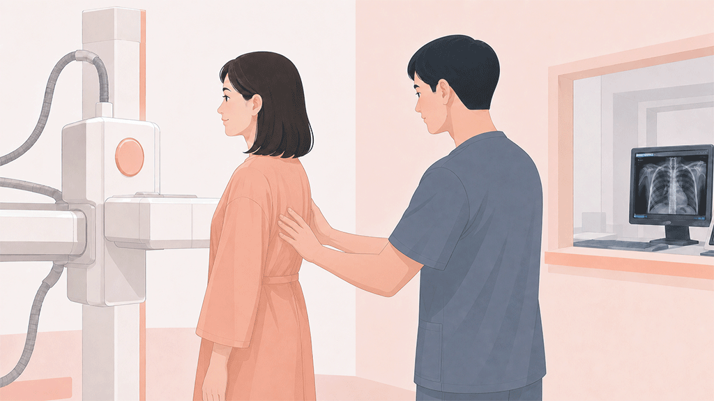 어깨 쪽에 엑스레이가 대어져 있는 일러스트 스타일 이미지