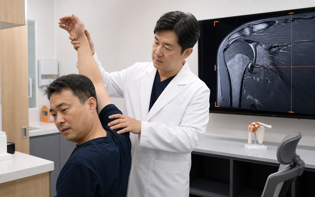 환자의 팔을 들어올려 기능을 평가하는 의사, 뒤에는 MRI 검사 결과 화면이 띄워져 있음