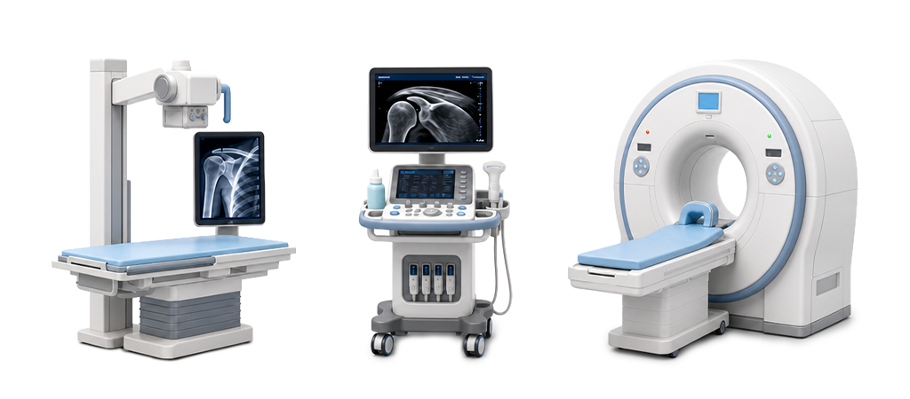 엑스레이, 초음파 검사 기기, MRI 가 차례대로 있는 이미지