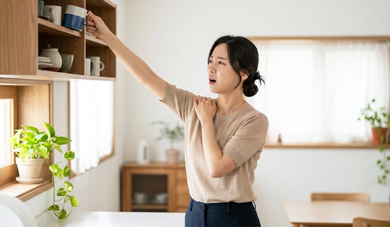 A woman in her 30s experiencing pain while raising her arm to reach for an object
