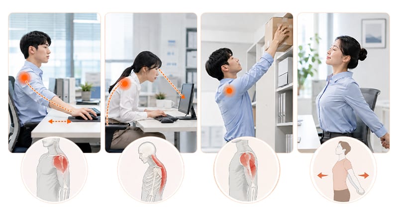 An infographic visualizing a 4-step checklist for an ergonomic, shoulder-safe work environment