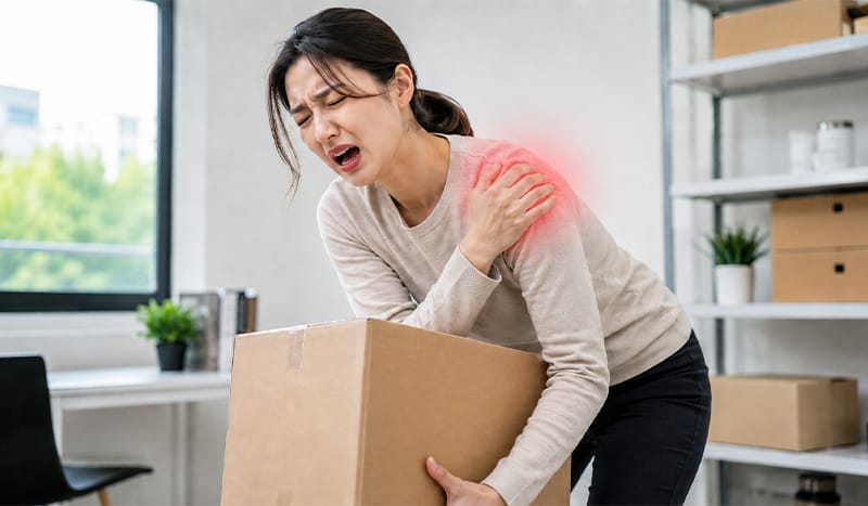 An illustration depicting a sudden tearing sensation in the shoulder while lifting a heavy object