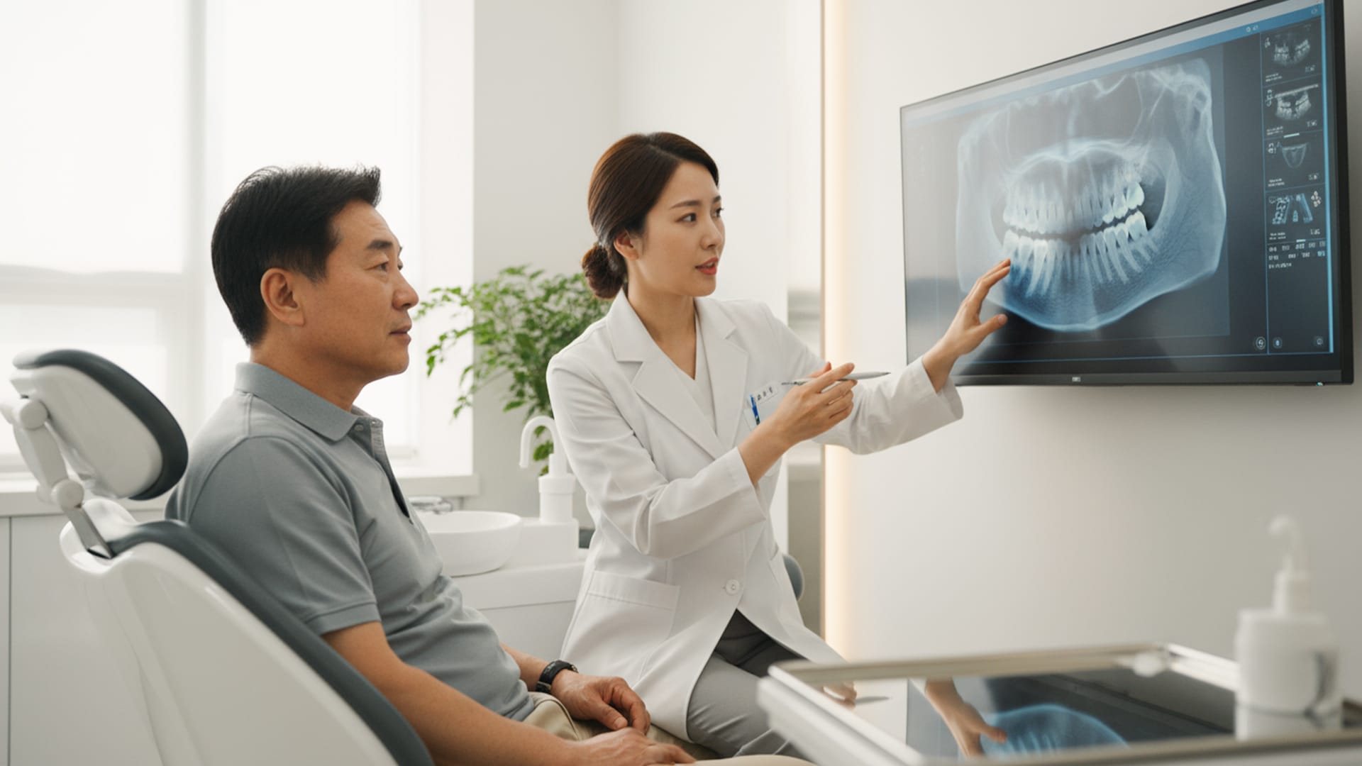 A patient receiving a consultation for dental implants from a dentist at a clinic