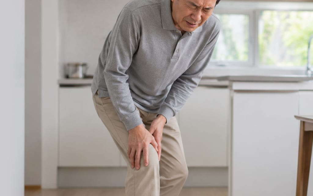 A patient holding their knee in discomfort due to acute joint pain.