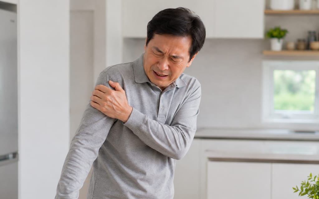 A person holding their shoulder in discomfort due to pain