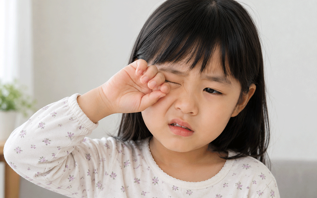 A young child rubbing their eyes in discomfort