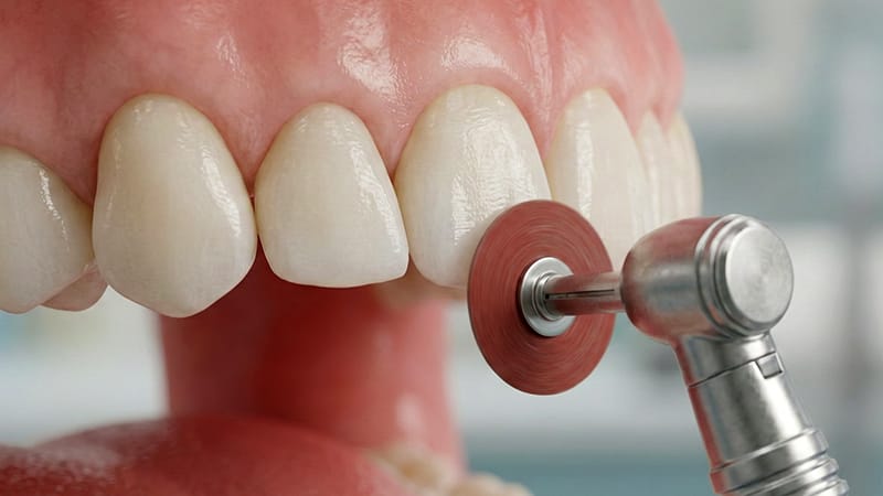 A clinical illustration of odontoplasty polishing rough enamel edges after minor veneer chipping