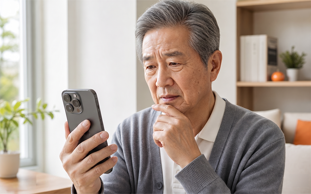 An elderly patient looking up information about intraocular lenses (IOLs) on a smartphone