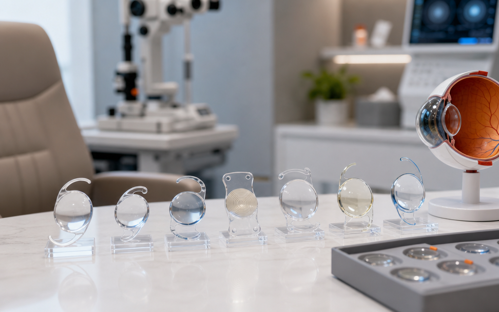 Various intraocular lens (IOL) models displayed on a consultation desk in an ophthalmology clinic