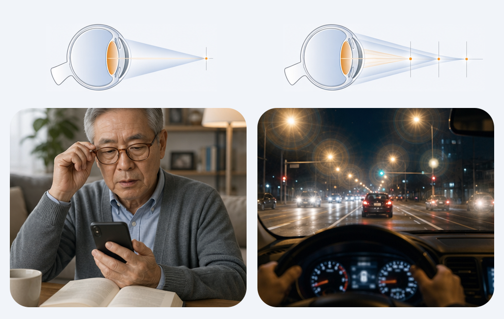 An infographic comparing the daily life limitations and disadvantages of monofocal and multifocal intraocular lenses