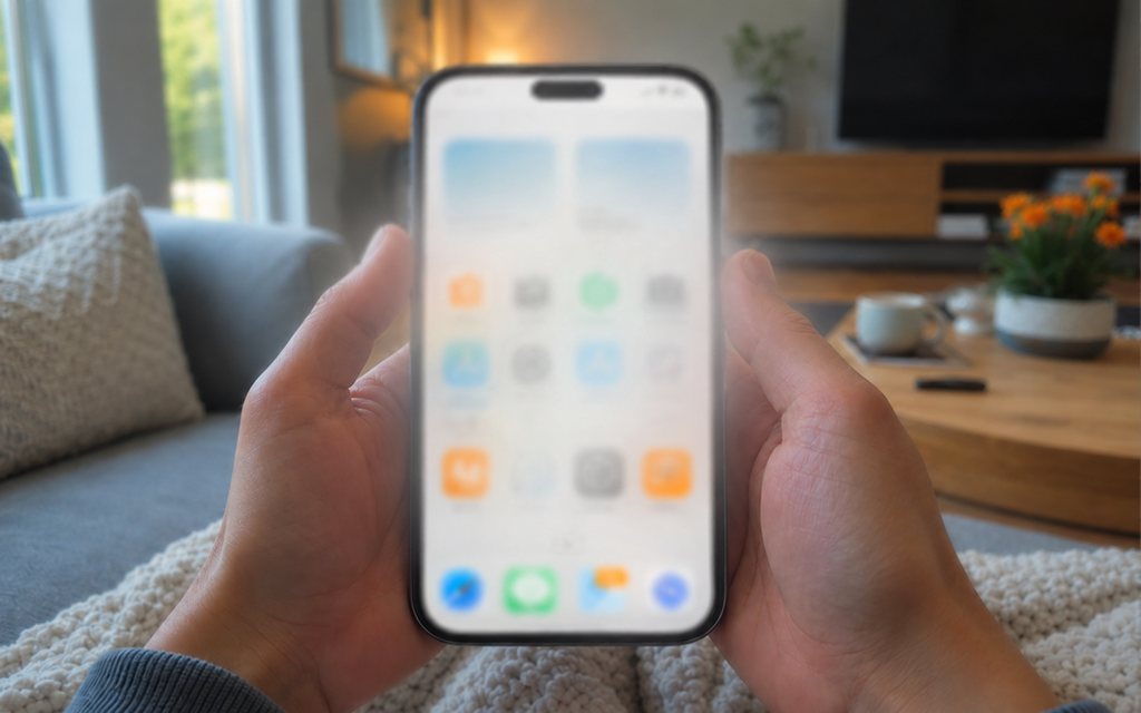 A first-person perspective image showing a blurred center on a smartphone screen, simulating visual impairment