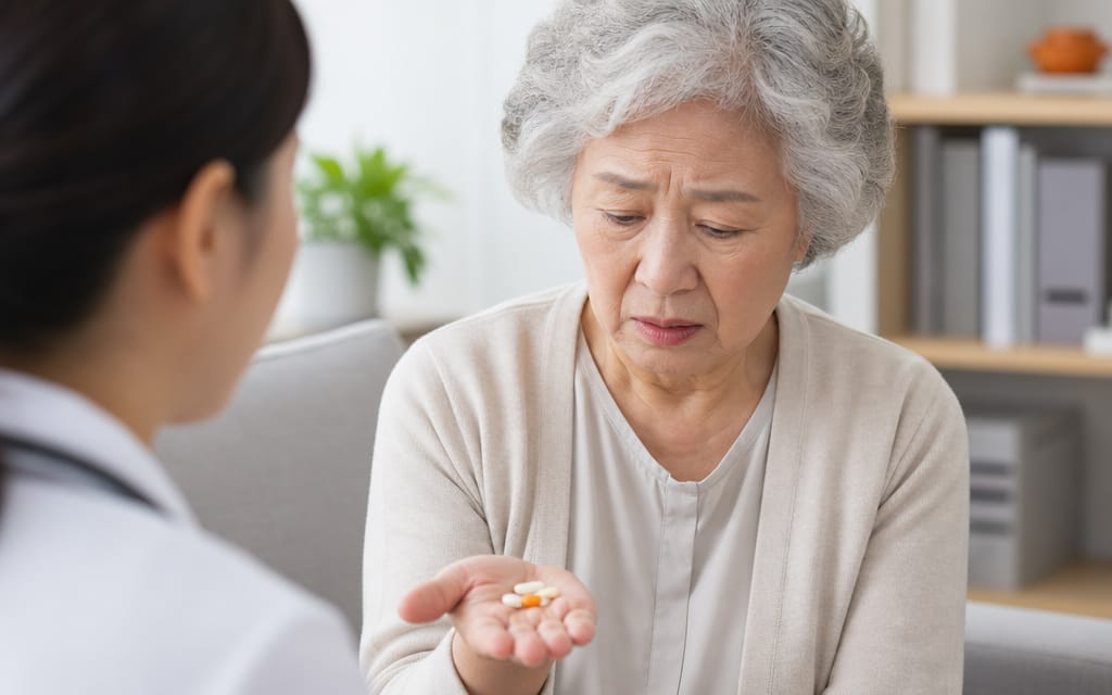 An elderly patient holding daily prescription medication in their hand with a concerned facial expression