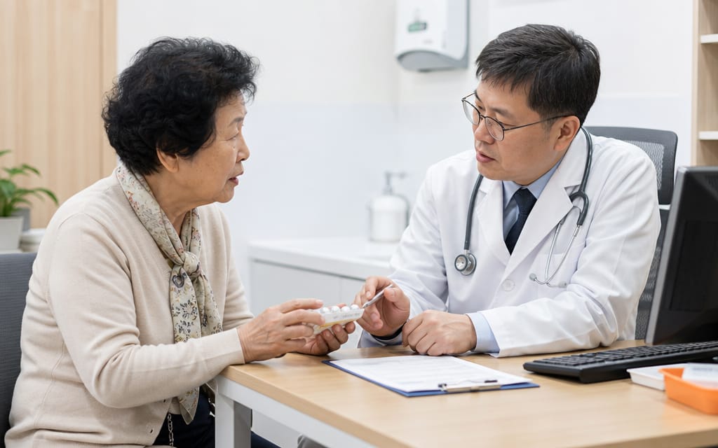 An elderly patient consulting an internal medicine specialist regarding medication adjustments before eye surgery