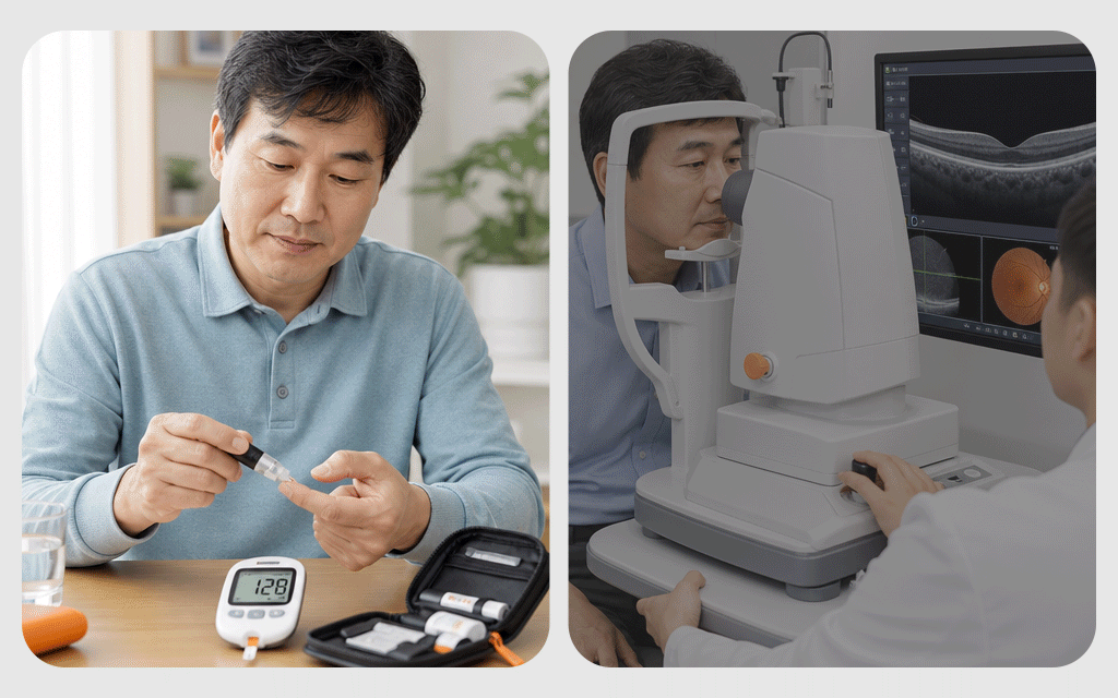 A diabetic patient checking their blood glucose level next to a patient undergoing an optical coherence tomography (OCT) retinal scan