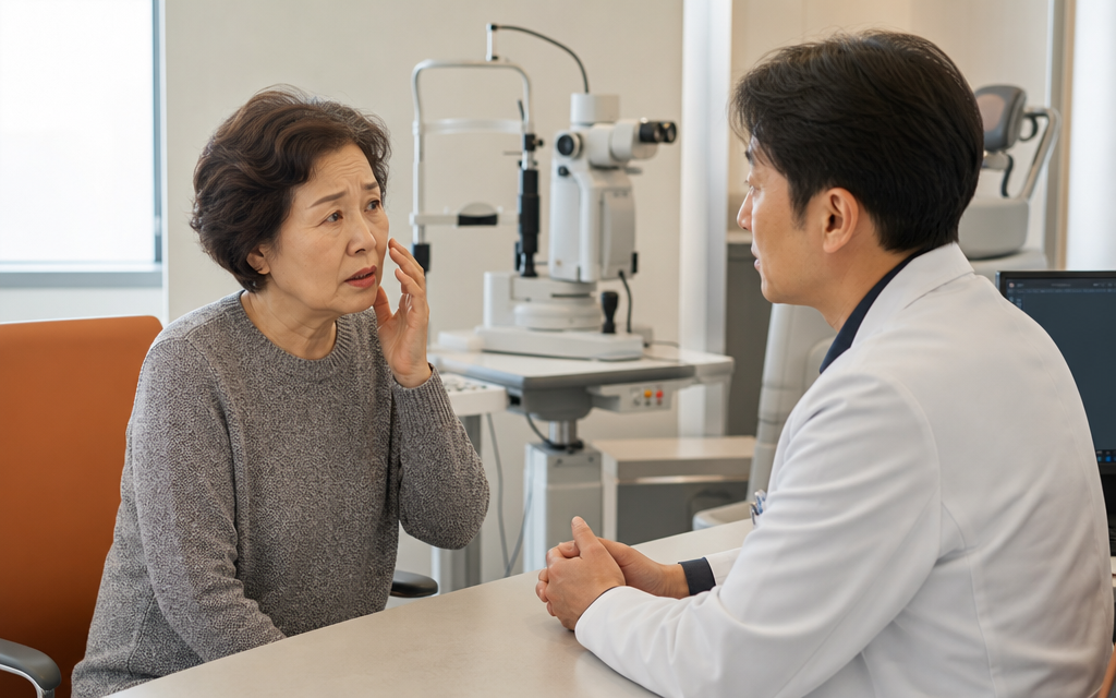An elderly patient looking concerned while asking a doctor questions in an eye clinic