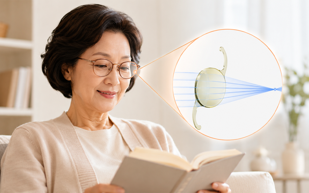 An elderly patient reading a book with reading glasses after receiving a monofocal IOL
