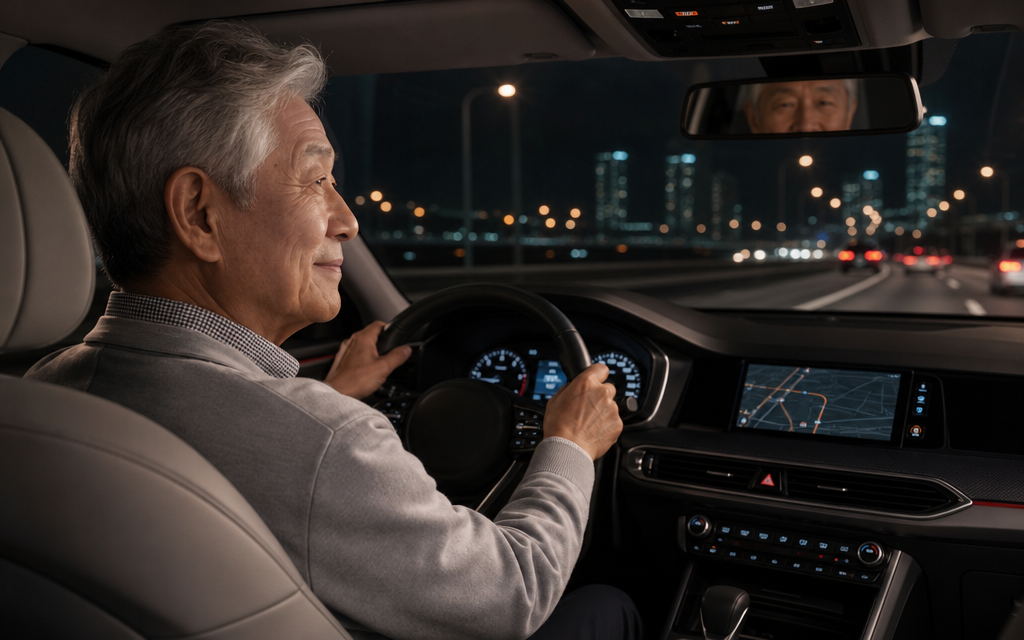 An elderly patient driving comfortably at night without glasses after cataract surgery