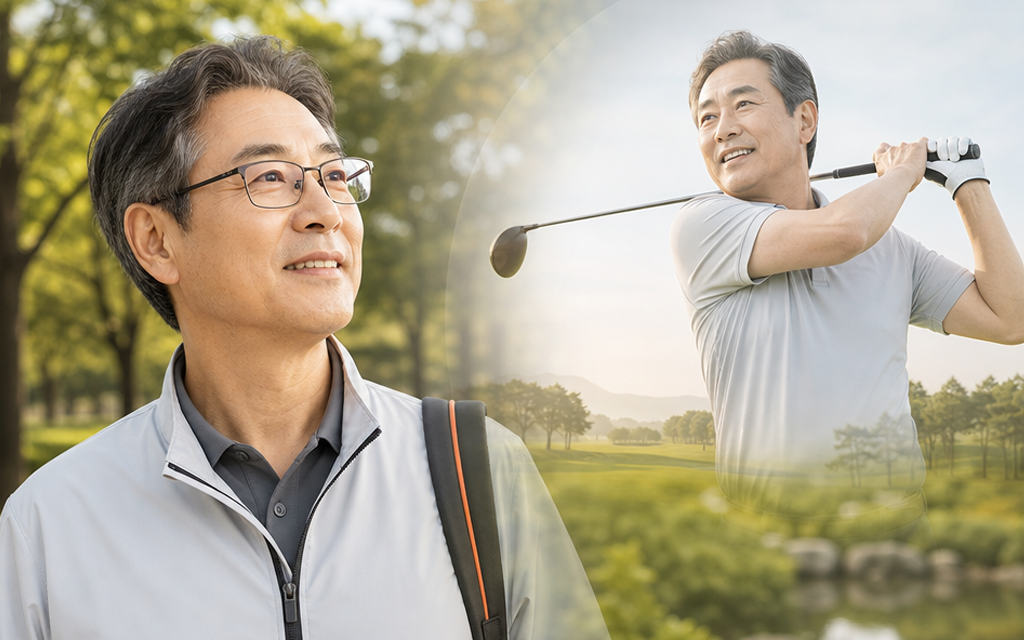 An elderly patient wearing glasses, imagining playing golf comfortably without relying on corrective eyewear