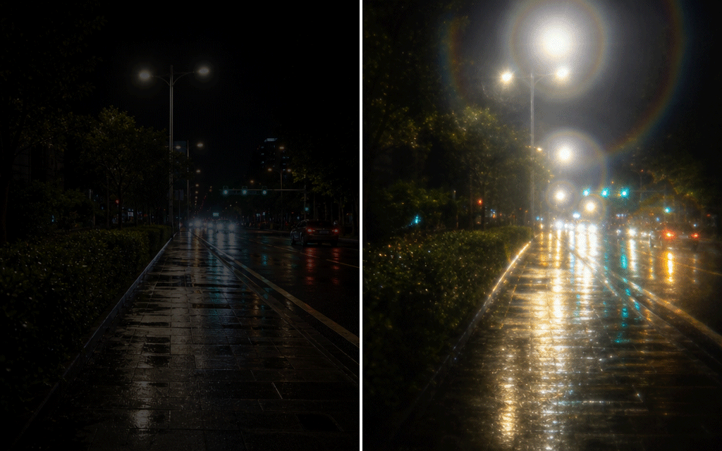 A visual contrast between normal night vision and dysphotopsia showing severe light halos and glare around streetlights